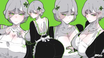 1girl absurdres apron artist_name ass bilingual_commentary black_dress breasts cleavage closed_mouth collarbone commentary dress earrings english_commentary green_background green_eyes grey_hair hair_ornament highres index_fingers_together jewelry jrpencil large_breasts looking_at_viewer mixed-language_commentary mole mole_under_eye multiple_views necklace original parted_bangs raised_inner_eyebrows short_hair simple_background smile teardrop_earrings white_apron