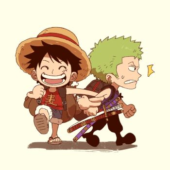 2boys ^^^ backpack bag black_boots black_hair black_pants blue_shorts boots chibi closed_eyes devil_fruit_power elasticity facial_scar facing_viewer full_body fur-trimmed_shorts fur_trim green_hair hat katana male_focus monkey_d._luffy multiple_boys one_piece open_mouth pants parted_lips red_shirt roronoa_zoro sandals scar scar_on_cheek scar_on_face sheath sheathed shirt short_hair shorts straw_hat extendable_limbs sweatdrop sword toku0034 walking weapon yellow_background