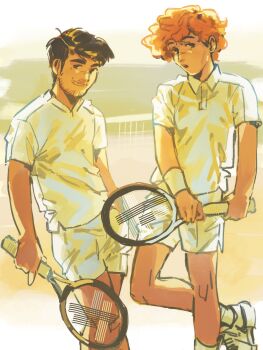 2boys absurdres black_eyes black_hair carlos_alcaraz closed_mouth collared_shirt commentary english_commentary facial_hair highres holding holding_tennis_racket jannik_sinner looking_at_viewer male_focus multiple_boys open_mouth orange_hair racket real_life shirt short_hair short_shorts shorts sog_goog tennis_racket white_shirt white_shorts