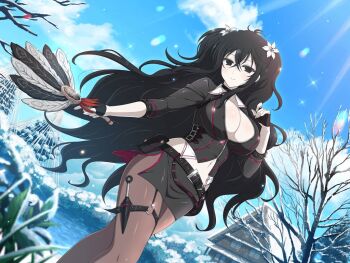 1girl belt belt_buckle belt_pouch black_belt black_eyes black_feathers black_hair black_jacket black_skirt blue_sky blush body_blush breasts buckle cabin cleavage cloud day feather_fan feathers fingerless_gloves flower forest fubuki_(senran_kagura) gloves hair_between_eyes hair_flower hair_ornament half_gloves hand_fan holding house jacket kunai large_breasts light_particles light_rays lily_(flower) linea_alba long_hair long_sleeves looking_at_viewer mountain mountainous_horizon nature navel o-ring official_art outdoors pale_skin pantyhose pine_tree plant pouch senran_kagura senran_kagura_new_link skirt sky smile snow snowing solo sparkle sunbeam sunlight tree very_long_hair weapon white_feathers white_flower white_lily window winter yaegashi_nan zipper