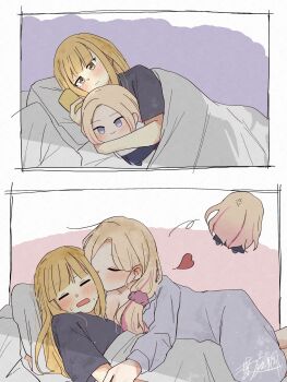 2girls anger_vein black_shirt blonde_hair blush breasts character_doll cleavage commentary_request doll dress fujita_kotone gakuen_idolmaster grey_dress haniwa_hayate heart highres idolmaster juo_sena kiss kissing_cheek long_hair multiple_girls open_mouth pajamas pink_streaks shirt sweat under_covers yellow_eyes yuri