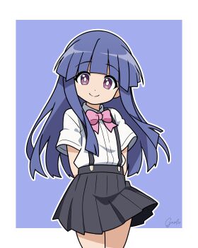Rule 34 | 1girl, absurdres, arms behind back, artist name, black skirt, blue background, blue hair, blunt bangs, bow, bowtie, furude rika, garloo, highres, higurashi no naku koro ni, inktober, long hair, looking at viewer, pink bow, purple eyes, shirt, short sleeves, skirt, smile, solo, suspenders, two-tone background, white background, white shirt