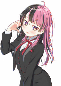 1girl ahoge bang_dream! bang_dream!_mugendai_mewtype black_hair black_jacket blush commentary dress_shirt half-heart_hands highres jacket long_hair looking_at_viewer multicolored_hair neck_ribbon open_mouth pink_hair red_eyes red_ribbon ribbon sengoku_yuno shirt simple_background skull573 solo two-tone_hair virtual_youtuber white_background white_shirt