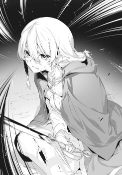 Rule 34 | 1girl, braid, braided sidelocks, clenched teeth, cloak, dirty, dirty face, dress, dungeon ni deai wo motomeru no wa machigatteiru darou ka, elf, greyscale, hair between eyes, highres, holding, holding sword, holding weapon, laurier swall, long hair, looking at viewer, monochrome, nilitsu, novel illustration, official art, pointy ears, solo, sweatdrop, sword, teeth, third-party source, torn clothes, torn dress, twin braids, weapon