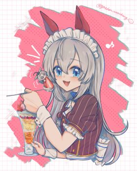 Rule 34 | 2girls, ahoge, animal ears, blue eyes, blush, brown shirt, chibi, coco's, commentary request, cropped torso, ear covers, fang, food, grey hair, grey tail, hair between eyes, highres, holding chibi, horse ears, horse girl, horse tail, long hair, multicolored hair, multiple girls, musical note, obaa-chan (golden retriever), oguri cap (umamusume), open mouth, parfait, puffy short sleeves, puffy sleeves, shirt, short sleeves, smile, tail, tamamo cross (umamusume), umamusume, very long hair, white headdress, wrist cuffs