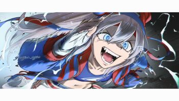 1girl animal_ears belt blue_eyes blue_hairband blue_jacket blue_sports_bra crop_top ear_covers electricity fangs fingerless_gloves giragira_egao gloves grey_hair grey_tail grin hair_between_eyes hairband headband horse_ears horse_girl horse_tail jacket lightning_bolt_print lightning_bolt_symbol long_hair long_sleeves midriff navel open_mouth pants red_belt red_headband running sharp_teeth smile solo sports_bra striped_clothes striped_hairband tail tamamo_cross_(umamusume) tamamo_cross_(with_lightning_speed)_(umamusume) teeth umamusume umamusume:_cinderella_gray very_long_hair white_pants