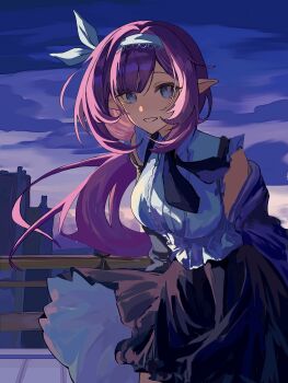 1girl absurdres black_skirt blue_eyes breasts chinese_commentary commentary_request elysia_(honkai_impact) hairband highres honkai_(series) honkai_impact_3rd large_breasts long_hair looking_at_viewer night night_sky official_alternate_costume pink_hair qianzao_a_nong_yi_dongbudong shirt skirt sky smile solo very_long_hair white_hairband white_shirt