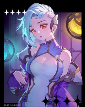 Rule 34 | 1girl, asymmetrical hair, bare shoulders, breasts, cleavage, clothing cutout, commentary, dress, english commentary, eyelashes, fingernails, highres, hip vent, instagram username, jacket, lips, little dchan, long sleeves, mismatched eyebrows, off shoulder, open clothes, open jacket, orange eyes, original, purple jacket, short hair, sidecut, solo, star (symbol), undercut, upper body, white dress, white hair