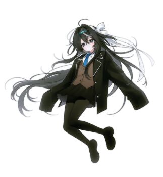 Rule 34 | 1girl, black hair, black jacket, black pantyhose, black shoes, black skirt, blazer, blue necktie, brown vest, collared shirt, floating, grey eyes, hair intakes, hair ribbon, highres, jacket, long hair, looking at viewer, necktie, open clothes, open jacket, original, oversized clothes, pantyhose, pleated skirt, ribbon, school uniform, shirt, shoes, simple background, skirt, sleeves past fingers, sleeves past wrists, so seo, solo, very long hair, vest, white background, white ribbon, white shirt