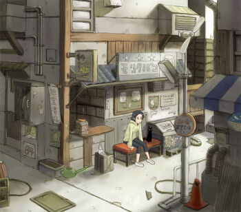 Rule 34 | 1girl, artist request, bench, black cat, building, cat, copyright request, hair ornament, hairclip, hood, hoodie, outdoors, scenery, short hair, sign, sitting, smile, traffic cone, translation request, trash, watering can, windmill