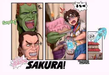 2boys 3girls artist_name birthday blanka blonde_hair blue_eyes blue_ribbon blue_skirt brown_hair cake cheek_squash command_input commentary dated dougi dress english_commentary english_text food gift green_tank_top hadouken happy_birthday headband here&#039;s_johnny!_(meme) hershuar hibiki_dan justice_gakuen kanzuki_karin kasugano_sakura kazama_akira meme midriff movie_reference multiple_boys multiple_girls orange_hair red_dress ribbon school_uniform skirt street_fighter street_fighter_v tank_top the_shining thighs white_headband