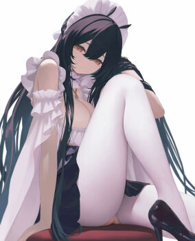 1girl absurdres azur_lane bare_shoulders black_hair black_skirt breasts brown_eyes cleavage crotchless crotchless_pantyhose detached_sleeves high_heels highres indomitable_(azur_lane) indomitable_(ms._motivationless_maid)_(azur_lane) large_breasts long_hair maid_headdress pantyhose shirt simple_background skirt white_background white_pantyhose white_shirt yaoku