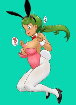 1girl animal_ears bare_shoulders black_shoes blush breasts dark-skinned_female dark_skin embarrassed fake_animal_ears full_body green_background green_eyes green_hair high_heels highres jumping large_breasts leotard mallow_(pokemon) nintendo nipples open_mouth pantyhose pink_leotard playboy_bunny pokemon pokemon_sm rabbit_ears shoes simple_background solo tof twintails wardrobe_malfunction white_pantyhose wrist_cuffs