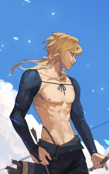 1boy 8083_blue adam&#039;s_apple arrow_(projectile) bare_pectorals black_pants blonde_hair blue_sky bow_(weapon) bridal_gauntlets brown_eyes collarbone commentary earrings ensemble_stars! hakaze_kaoru highres holding holding_arrow holding_bow_(weapon) holding_weapon jewelry long_hair male_focus nipples outdoors pants pectorals quiver sky solo target toned toned_male weapon