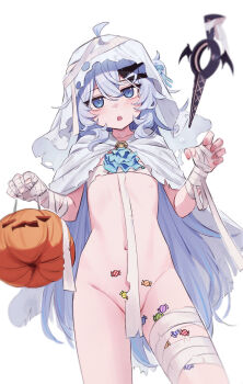 1girl absurdres ahisha_(di_le_to) ahoge bandaged_arm bandaged_chest bandaged_leg bandages blue_eyes blue_hair blush breasts di_le_to ghost_costume halloween halloween_bucket highres looking_at_viewer navel no_panties open_mouth original simple_background small_breasts solo sticker_on_leg sticker_on_stomach white_background
