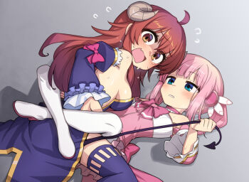 2girls ^^^ ahoge blue_eyes blue_thighhighs blunt_bangs blush boots bow breasts brown_hair chiyoda_momo choker crisis_management_form_(machikado_mazoku) curled_horns demon_girl demon_horns demon_tail detached_sleeves flat_chest frilled_sleeves frills grey_background heebee horns leg_lock long_hair looking_at_another looking_at_viewer looking_back lying machikado_mazoku magical_girl medium_breasts multiple_girls on_back open_mouth parted_lips pink_bow pink_choker pink_hair sweat tail tail_pull thigh_boots thighhighs white_footwear yoshida_yuuko yuri