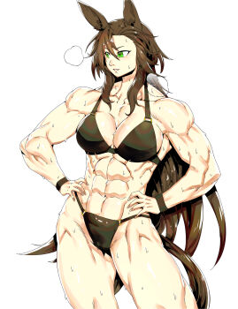 1girl absurdres alternate_costume animal_ears biceps bikini black_bikini breasts brown_hair commentary cowboy_shot green_eyes hair_between_eyes hands_on_own_hips highres horse_ears horse_girl horse_tail long_hair looking_to_the_side medium_breasts minew muscular muscular_female simple_background solo speed_symboli_(umamusume) steaming_body sweat swimsuit tail thighs umamusume very_long_hair white_background