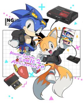 2boys ;d age_difference aogirinaru blonde_hair blue_fur blue_hair blush child fang fox fox_boy furry furry_male gloves multiple_boys multiple_tails one_eye_closed open_mouth sega smile socks sonic_(series) sonic_the_hedgehog sonic_the_hedgehog_2_(8-bit) sunglasses sweater tail tails_(sonic) two_tails yellow_fur