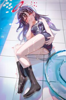 1girl ass black_hair black_socks blue_archive blush breasts bukkake cum cum_on_body facial halo highres hsch justice_task_force_(blue_archive) justice_task_force_member_(blue_archive) loli long_hair looking_at_viewer one-piece_swimsuit peeing pool red_eyes red_halo school_swimsuit sidelocks socks solo swimsuit