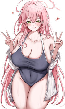 1girl :q absurdres bare_shoulders black_one-piece_swimsuit blue_archive blush bow braid breasts cleavage closed_mouth collarbone commentary covered_navel double_v hair_bow hair_ornament halo hanako_(blue_archive) hanako_(swimsuit)_(blue_archive) hands_up heart highres large_breasts long_hair long_sleeves looking_at_viewer off_shoulder official_alternate_costume one-piece_swimsuit open_clothes open_shirt pink_hair pink_halo plump samidarekinoko school_swimsuit shirt simple_background smile solo swimsuit thighs tongue tongue_out v white_background white_bow white_shirt