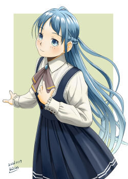 Rule 34 | 1girl, alternate costume, artist logo, blue dress, blue eyes, blue hair, braid, brown neckerchief, collared shirt, dated, dress, dress shirt, half up braid, half updo, highres, kantai collection, logo, long hair, neckerchief, pinafore dress, samidare (kancolle), shirt, sleeveless, sleeveless dress, smile, solo, wanramiru, white shirt