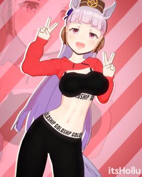 3d :d animated bouncing_breasts breasts double_v gold_ship_(umamusume) itshollu large_breasts looking_at_viewer midriff navel open_mouth smile standing tagme umamusume v video