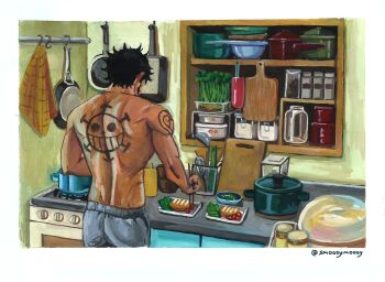 1boy back_tattoo black_hair border bowl chopsticks commentary cutting_board english_commentary food from_behind frying_pan glass_jar grey_pants hand_tattoo heart_pirates_jolly_roger highres holding holding_chopsticks indoors jar kitchen male_focus multiple_tattoos one_piece oven pants short_hair shoulder_tattoo sideburns smoosymoose solo standing sweatpants tattoo topless_male trafalgar_law twitter_username white_border