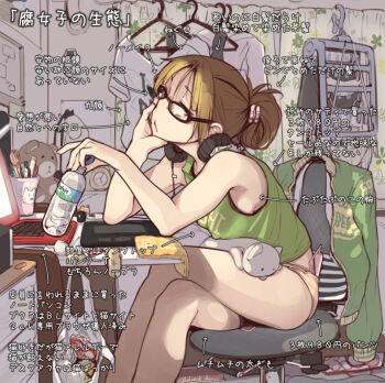 1girl bag bored bottle brown_hair chair clock clothes clothes_hanger computer computer_keyboard covered_erect_nipples crossed_legs desk discreet_vibrator female_focus fujoshi glasses head_rest headphones inconspicuous_sex_toy jacket lamp laptop no_pants notebook office_chair panties pink_panties plastic_bag ponytail sex_toy short_hair sitting solo stationery striped_clothes striped_panties stuffed_animal stuffed_toy swivel_chair tank_top translated underwear vibrator vibrator_under_clothes vibrator_under_panties water_bottle xxzero yellow_panties