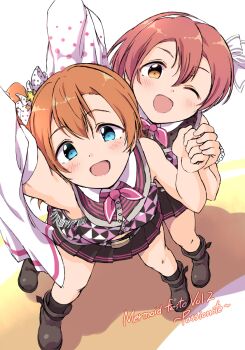 2girls :d ;d arm_up black_skirt blue_eyes blush boots brown_boots commentary_request from_above full_body hairband highres hoshizora_rin kosaka_honoka looking_at_viewer looking_up love_live! love_live!_school_idol_project mermaid_festa_vol.2_~passionate~ miniskirt multiple_girls official_alternate_costume one_eye_closed one_side_up open_mouth orange_hair pleated_skirt sen_(sen0910) short_hair skirt sleeveless smile standing triangle_print white_hairband yellow_eyes