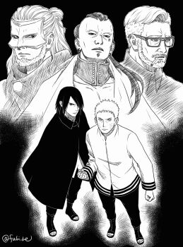 5boys bandaged_hand bandages boots boruto:_naruto_next_generations cigarette clenched_hand cloak collared_cloak earrings facial_tattoo glasses greyscale hatching_(texture) highres jacket jewelry jigen_(naruto) kashin_koji_(boruto) male_focus mask matsu_(fu6ide2) monochrome multiple_boys naruto_(series) number_tattoo open-toe_boots ponytail sanzu_amado serious smoking tattoo twitter_username uchiha_sasuke uzumaki_naruto