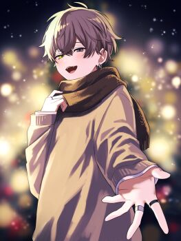 1boy alban_knox brown_hair brown_scarf brown_sweater commentary_request earrings green_eyes grey_eyes heterochromia highres jewelry long_sleeves male_focus nana72710193 nijisanji nijisanji_en open_mouth ring scarf smile solo sweater virtual_youtuber