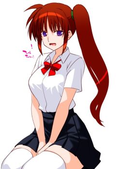 1girl black_skirt bow bowtie breasts brown_hair commentary_request engo_(aquawatery) large_breasts long_hair looking_at_viewer lyrical_nanoha mahou_shoujo_lyrical_nanoha_strikers open_mouth pleated_skirt purple_eyes red_bow red_bowtie shirt side_ponytail skirt solo takamachi_nanoha thighhighs translation_request white_shirt white_thighhighs zettai_ryouiki