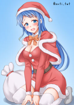 1girl alternate_costume anti_(untea9) blue_background blue_eyes blue_hair blush breasts capelet dress gradient_background gradient_hair hat highres kantai_collection long_hair looking_at_viewer medium_breasts multicolored_hair open_mouth sack samidare_(kancolle) santa_costume santa_dress santa_hat solo thighhighs very_long_hair white_thighhighs
