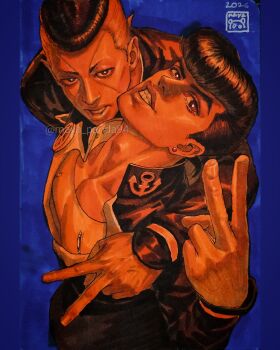 Rule 34 | 2boys, anchor ornament, arm around neck, arm around shoulder, black hair, blue background, commentary, diamond wa kudakenai, dollar sign, earrings, facial mark, gakuran, grin, higashikata josuke, highres, jewelry, jojo no kimyou na bouken, looking at viewer, male focus, marker (medium), maya panda, multicolored hair, multiple boys, nijimura okuyasu, orange theme, peace symbol, pompadour, school uniform, smile, stud earrings, teeth, traditional media, two-tone hair, undercut, untranslatable commentary, v