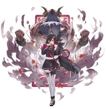 1girl animal_ears arm_up autumn_leaves black_hair black_skirt brown_eyes card clenched_hands detached_sleeves glowing glowing_eyes hatotaurus_(ookami_mio) highres hololive horns kazana_(sakuto) leaf midriff navel ookami_mio ookami_mio_(1st_costume) pleated_skirt skirt smoke summoning tail tarot tarot_card thighhighs virtual_youtuber white_thighhighs wolf_ears wolf_girl wolf_tail