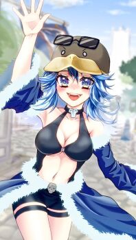 1girl arm_up armpits banner black_shorts black_tank_top blue_cape blue_eyes blue_hair blue_sky blue_sleeves blurry blurry_background blush breasts cape cleavage clothing_cutout cloud cobblestone commentary_request cowboy_shot day detached_sleeves eyewear_on_headwear fujita_(fuzuneko) fur-trimmed_cape fur-trimmed_sleeves fur_trim hat large_breasts long_hair looking_at_viewer navel open_mouth outdoors penguin_hat ragnarok_online short_shorts shorts sky smile solo stalker_(ragnarok_online) stomach_cutout sunglasses tank_top teeth tree waist_cape waving