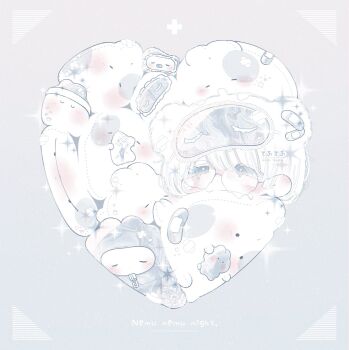 1girl bandaid blanket blush closed_mouth dot_mouth ear_blush eyelashes gauze gauze_on_cheek gauze_on_face glasses heart highres looking_at_viewer monochrome original round_eyewear short_hair sleep_mask solo square thk_41 white_hair white_theme