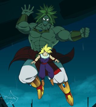 Rule 34 | 2boys, bahnloopi, blank eyes, blonde hair, broly (dragon ball z), conquest behind oliver (meme), dragon ball, dragonball z, evil smile, grin, height difference, highres, imminent punch, invincible (series), midair, multiple boys, muscular, muscular male, scene reference, smile, son gohan, super saiyan, surprised, wide-eyed