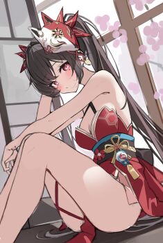 1girl bare_shoulders black_sash breasts brown_hair butterfly-shaped_pupils fox_mask halterneck highres honkai:_star_rail honkai_(series) japanese_clothes legs long_hair looking_at_viewer loyo mark_under_both_eyes mask mask_on_head medium_breasts pink_eyes sash sitting solo sparkle_(honkai:_star_rail) symbol-shaped_pupils twintails unfinished