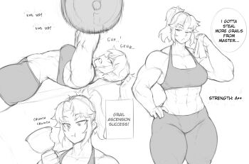 1girl :t abs absurdres alternate_muscle_size barbell bare_shoulders bench_press biceps black_sports_bra breasts chalice chewing commentary cup eating english_commentary exercising fate/grand_order fate_(series) food_in_mouth gameplay_mechanics gym hair_ornament hair_scrunchie highres holding holy_grail_(fate) large_breasts level_up mordred_(fate) motion_lines muscular muscular_female navel obliques pants ponytail scrunchie speed_lines sports_bra sweat thick_arms thick_thighs thighs towel weight_bench weightlifting weights yoga_pants zeph505