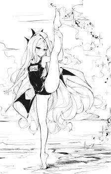 1girl absurdres ahoge balancing balancing_on_foot bat_wings beach black_horns blue_archive breasts cloud cloudy_sky clover_dot_(clov_erd) demon_girl feet flat_chest full_body hair_between_eyes highres hina_(blue_archive) holding_leg horns ink ink_(medium) loli long_hair one-piece_swimsuit outdoors school_swimsuit shore sketch sky small_breasts solo sparkle split spread_legs standing standing_on_one_leg standing_split swimsuit tiptoes toes traditional_media very_long_hair wet white_hair wings