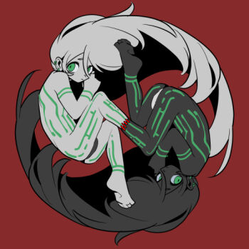 2boys androgynous barefoot black_panties black_skin bulge colored_skin ear_piercing fucafucamold full_body glowing_lines green_eyes green_lines long_hair male_focus multiple_boys original panties piercing red_background stitched_leg stitches underwear very_long_hair white_panties white_skin