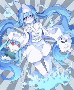 Rule 34 | 1girl, absurdres, aimaina, blue hair, colored skin, futaba969649, ghost, hatsune miku, highres, hitodama, japanese clothes, kimono, looking at viewer, obake no ukenerai (vocaloid), open mouth, pink eyes, red eyes, shiroshouzoku, solo, triangular headpiece, vocaloid, white skin