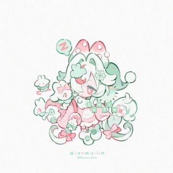 1girl bright_pupils chibi chibi_only closed_mouth commission full_body green_hair hair_intakes hair_over_one_eye highres kanae_(cookie) long_hair long_sleeves original pink_shirt rabbit red_eyes red_socks sample_watermark shirt shoes simple_background sleeves_past_fingers sleeves_past_wrists socks solo standing striped_clothes striped_socks twitter_username watermark white_background white_pupils white_shoes