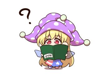 1girl ? american_flag american_flag_dress american_flag_legwear american_flag_print blonde_hair book chibi clownpiece commentary_request dress fairy fairy_wings flag_print hat highres holding holding_book jester_cap long_hair map pantyhose polka_dot polka_dot_headwear purple_hat red_eyes shitacemayo simple_background star_(symbol) star_print striped_clothes striped_dress striped_pantyhose touhou transparent_wings white_background wings