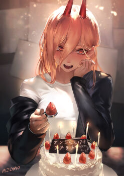 1girl :d alternate_universe artist_name azomo blonde_hair blush breasts cake candle chainsaw_man commentary confetti cross-shaped_pupils crosshair_pupils demon_girl demon_horns denim english_commentary fangs fire food fruit good_end hair_between_eyes happy happy_birthday heart highres hood hoodie horns icing jeans long_hair looking_at_viewer medium_breasts open_mouth pants power_(chainsaw_man) purple_background red_eyes red_horns sharp_teeth shirt signature smile solo spoon strawberry strawberry_cake symbol-shaped_pupils teeth tomboy tongue very_long_hair white_shirt