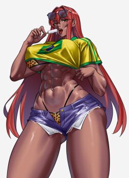 1girl abs alternate_costume animal_print bikini brazilian_flag brazilian_flag_print breasts dark-skinned_female dark_skin exposed_pocket eyewear_on_head flag_print food goddess_of_victory:_nikke highleg highleg_bikini holding holding_food holding_popsicle large_breasts leopard_print leopard_print_bikini long_hair muscular muscular_female navel_piercing open_mouth piercing popsicle print_bikini red_hair short_shorts shorts solo sunglasses swimsuit thighs tongue tongue_out very_long_hair volume_(nikke) white_background zinfian