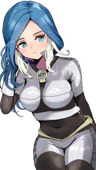 1girl blue_eyes blue_hair bodysuit breasts highres inazuma_eleven_(series) large_breasts long_hair looking_at_viewer mirina1219 simple_background solo twitter white_background yagami_reina