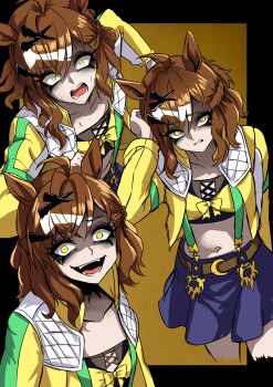 Rule 34 | absurdres, ahoge, animal ears, bandeau, belt, blue skirt, braid, breasts, brown belt, brown hair, collarbone, earrings, grin, hair between eyes, hair ornament, hairclip, half up braid, half up half down braid, highres, horse ears, horse girl, jacket, jewelry, jungle pocket (champion's battle cry) (umamusume), jungle pocket (umamusume), long sleeves, looking at viewer, medium hair, midriff, nagai negi, navel, open clothes, open mouth, shaded face, shirt, skirt, smile, teeth, umamusume, yellow eyes, yellow jacket