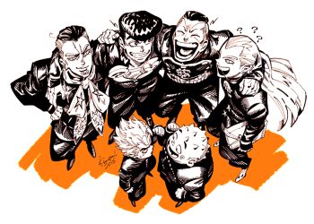 6+boys ? ^_^ bad_id bad_tumblr_id bag belt closed_eyes commentary crest english_commentary from_above gakuran greyscale group_picture hazekura_mikitaka higashikata_josuke hirose_koichi holding holding_bag hug jojo_no_kimyou_na_bouken kotteri long_hair looking_at_another monochrome multiple_boys nijimura_okuyasu partially_colored pompadour sakaki_yuya school_uniform shadow smile yangu_shigekiyo